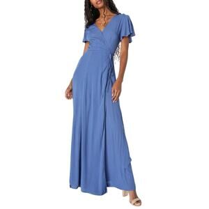 Lulus Heart of Marigold Denim Blue Wrap Maxi Dress Flutter Sleeve Size S